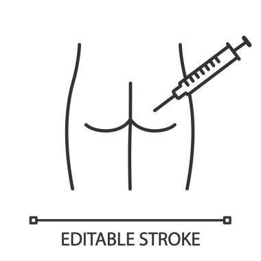 Kas içi enjeksiyon doğrusal simgesi. İnce hat illüstrasyon. Kalça enjekte. Tıbbi glute vurdu. Hastalık tedavileri, önleme. Kontur sembolü. İzole anahat çizim vektör. Düzenlenebilir kontur