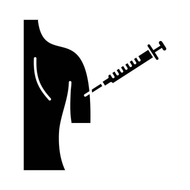 Aşı glif simgesi. Siluet simge. Grip aşısı. Çocuk felci, kızamık aşı. Kadın Kol enjeksiyon. Bağışıklama. Tetanoz aşı prosedür. Negatif alan. İzole vektör çizim