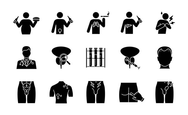 Men's health glyph icons set. Silhouette symbols. Cancer diagnosis and tests. Male infertility, diseases, health risks. Unhealthy lifestyle, bad habits. Vector isolated illustration