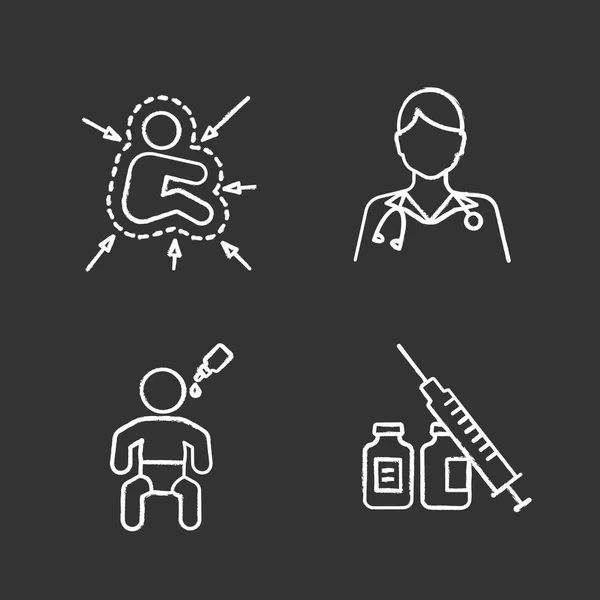 儿童疫苗接种和免疫粉笔图标设置 儿童的免疫系统 儿科医生 口服疫苗 注射器和小瓶 隔离向量黑板插图 — 图库矢量图片