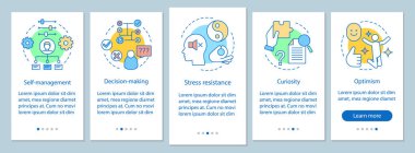 Lider ve yönetim becerileri onboarding mobil uygulaması sayfa filtresi vektör şablonu. HR yumuşak nitelikleri. Karar verme, merak, iyimserlik izlenecek yol Web sitesi adımlar. UX, UI, GUI smartphone arabirimi