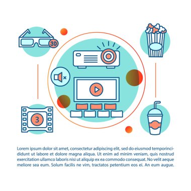 Sinema kavramı doğrusal illüstrasyon. 3D film ilk etkinlik. Patlamış mısır ve içki. Makale, broşür, dergi sayfası. Sinema salonu. İnce çizgi metinlere sahip simgeler. Baskı tasarımı. Çizim vektör izole anahat