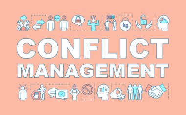 Çatışma yönetimi kelime kavram afiş. Overworking, hayal kırıklığı. Stres overcaming. Yatıştırıcı ve rahatlatıcı. Anksiyete başa çıkma. Fikir doğrusal simgeleri ile harfler izole. Vektör anahat çizim
