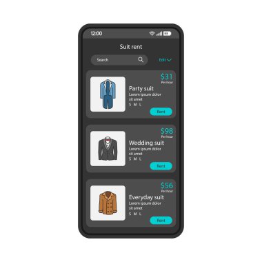 Kıyafet uygulaması smartphone arabirimi vektör şablonu kira. Parti, düğün, günlük kiralama ekran uygun. Mobil alışveriş uygulaması sayfa mavi tasarım düzeni. 