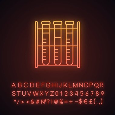 Laboratuvar analiz neon ışığı simgesi. Kan testi. Laboratuvar teşhis. Test tüpleri raf. Alfabe, sayı ve sembol parlayan işaretiyle. İzole vektör çizim
