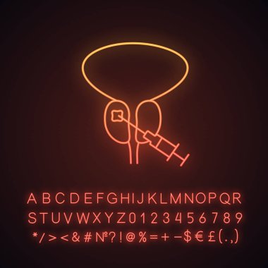 Prostat biyopsisi neon ışığı simgesi. Prostat kanseri testi ve tanılama. TRANSREKTAL biyopsi. Muayene, tarama. Alfabe, sayı ve sembol parlayan işaretiyle. İzole vektör çizim