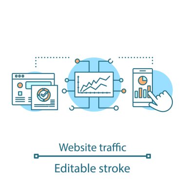 Web sitesi trafik kavramı simge. SMM ölçümleri. Sosyal medya analytics fikir ince hat illüstrasyon. Seyirci büyüme, nişan, satış dönüşüm oranı. İzole anahat çizim vektör. Düzenlenebilir kontur