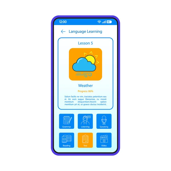 Talen Leren App Smartphone Interface Vector Sjabloon Mobiele Applicatie Blauw — Stockvector