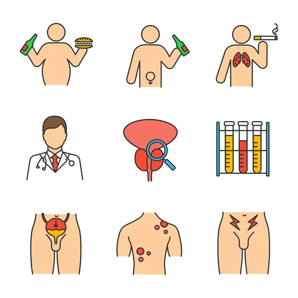 Set Icone Colore Salute Degli Uomini Obesità Alcolismo Urologo Esame — Vettoriale Stock