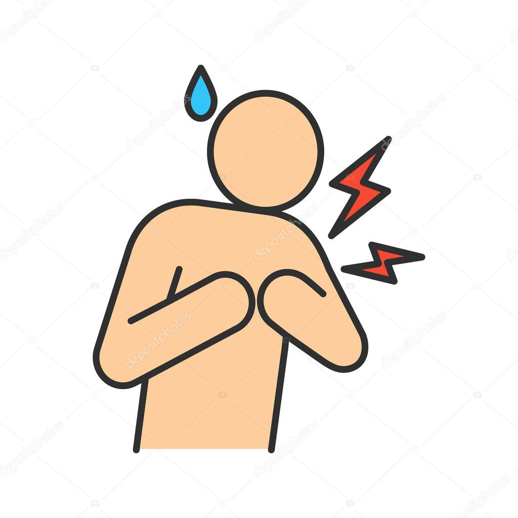 Heart attack color icon. Myocardial infarction. Cardiovascular disease. Congestive heart failure. Cold sweat and chest pain. Isolated vector illustration