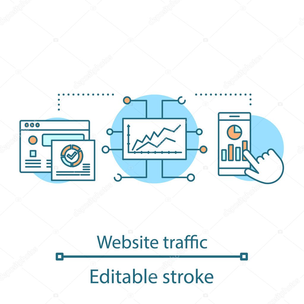 Website traffic concept icon. SMM metrics. Social media analytics idea thin line illustration. Audience growth, engagement, sales conversion rate. Vector isolated outline drawing. Editable stroke
