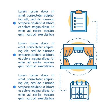Tiyatro makale sayfa vektör şablonu. Gözlük prömiyeri. Film olay kontrol listesi. Broşür, kitapçık tasarım öğesi doğrusal simgeler ve metin kutuları ile. Baskı tasarımı. Metin alanı olan konsept çizimler