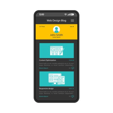 Blog app akıllı telefon arayüzü vektör şablonu. Mobil sayfa siyah tasarım düzeni. Web tasarımcı profili ekran. Blogging, uygulama paylaşımı deftere nakleder. Düz UI. Web sitesi tasarımı içeriği telefon doğrula