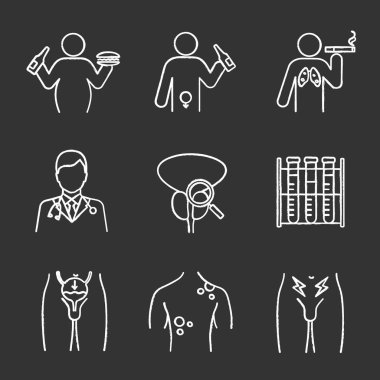 Erkekler Sağlık tebeşir Icons set. Obezite, alkolizm, ürolog, prostat muayenesi, laboratuar analizi, idrar kaçırma, cilt ve prostat kanseri. İzole vektör kara tahta çizimler