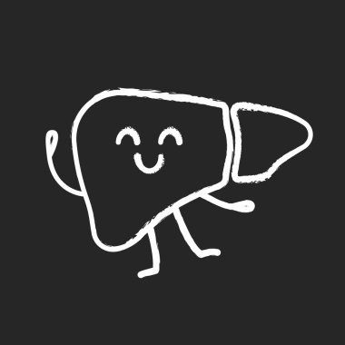 Gülümseyen karaciğer karakter tebeşir simgesi. Sağlıklı sindirim bezi. Karaciğer sağlığı. İzole vektör kara tahta çizim