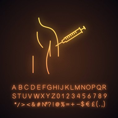 Aşı neon ışığı simgesi. Grip aşısı. Çocuk felci, kızamık aşı. Kadın Kol enjeksiyon. Bağışıklama. Tetanoz aşı prosedür. Alfabe, sayılar, simgeler parlayan işaretiyle. İzole vektör çizim