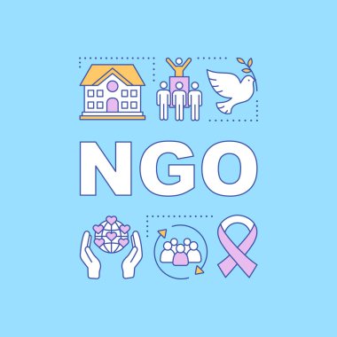 NGO word concepts banner. Non governmental, nonprofit organization. Presentation, website. Isolated lettering typography idea with linear icons. Charitable foundation. Vector outline illustration clipart