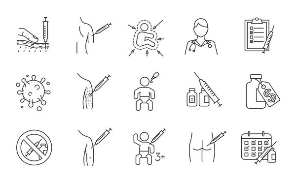 Vaccination and immunization linear icons set. Thin line contour symbols. Vaccines for kids, adults. Flu, hepatitis, measles diseases prevention. Isolated vector outline illustrations. Editable stroke