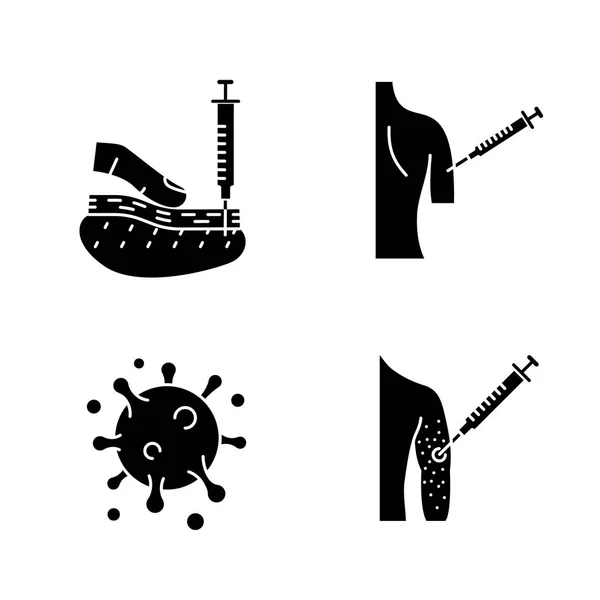Jeu Icônes Glyphe Vaccination Immunisation Symboles Silhouette Injection Sous Cutanée — Image vectorielle