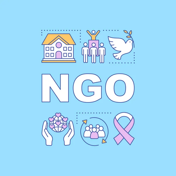 Ngo 单词概念横幅 非政府 非营利组织 演示文稿 孤立的字母排版的想法与线性图标 慈善基金会 向量概述例证 — 图库矢量图片