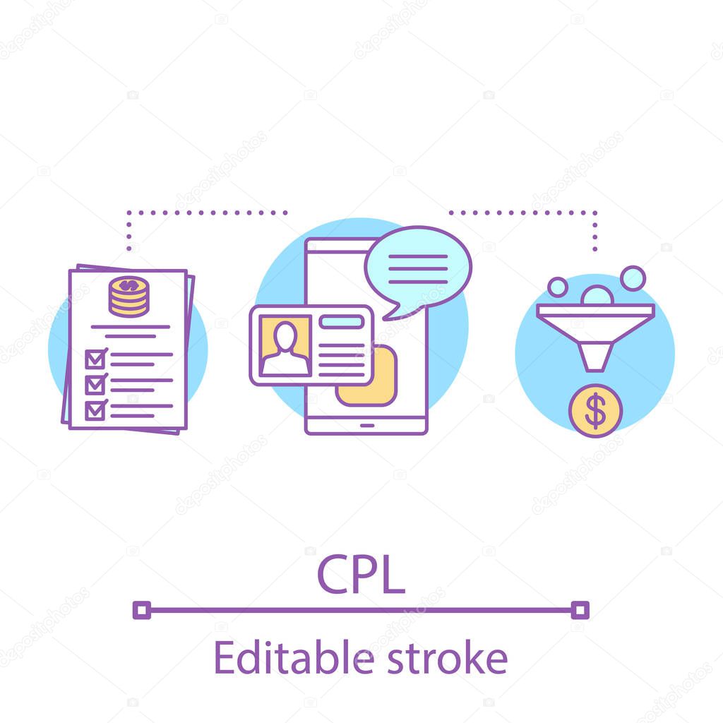 CPL concept icon. Cost per lead idea thin line illustration. Sales conversion rate. Customer loyalty. Vector isolated outline drawing. Editable stroke