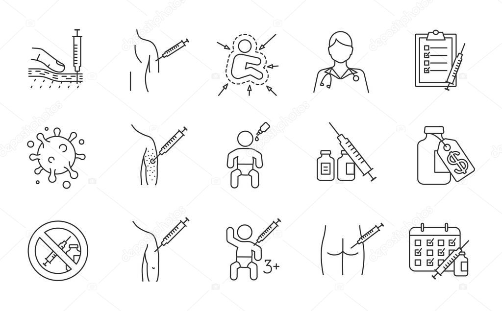 Vaccination and immunization linear icons set. Thin line contour symbols. Vaccines for kids, adults. Flu, hepatitis, measles diseases prevention. Isolated vector outline illustrations. Editable stroke