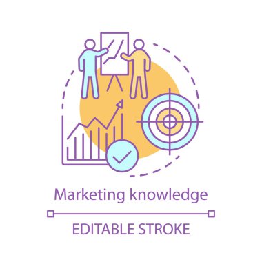 Pazarlama bilgi kavramı simge. Promosyon stratejisi fikir ince hat illüstrasyon. Reklam kampanyası. İş hedefleri. İzole anahat çizim vektör. Düzenlenebilir kontur