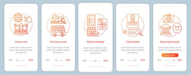 Gezi onboarding hareket eden app sayfası ekranda vektör şablonu. Kent rota olay. Turizm, showplace. Doğrusal resimli anlatım Web sitesi adımlar. UX, UI, GUI smartphone arabirimi kavramı