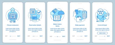 Restoran onboarding mobil uygulaması sayfası ekranda vektör şablonu. Konuk kafe olay. Akşam yemeği menüsü ödeme. Doğrusal resimli anlatım Web sitesi adımlar. UX, UI, GUI smartphone arabirimi kavramı