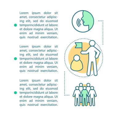 Turizm makale sayfa vektör şablonu. Rehber rota. Gezi olay gezi. Broşür, kitapçık tasarım öğesi doğrusal simgeler ve metin kutuları ile. Baskı tasarımı. Metin alanı olan konsept çizimler
