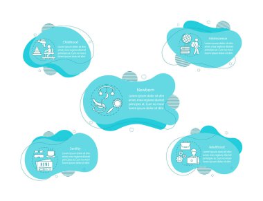 İnsan hayatı aşamaları konsept çizimler. Yeni doğan, çocukluk, yetişkinlik, yaşlılık Infographic şablonu. Sıvı öğeleri metin, doğrusal simgeler. Dalgalı kabarcıklar adımları. Sunum, afiş rapor cliparts