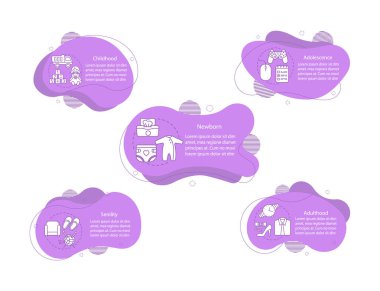 Kişi yaşam aşamaları konsept çizimler. Yeni doğan, çocukluk, ergenlik, yetişkinlik, yaşlılık Infographic. Sıvı öğeleri metin, doğrusal simgeler. Dalgalı kabarcıklar adımları. Afiş, rapor vektör cliparts
