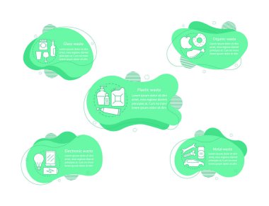 Konsept çizimler sıralama çöp. Organik, metal, elektronik, cam, plastik atık Infographic. Sıvı öğeleri metin, doğrusal simgeler. Dalgalı kabarcıklar adımları geri dönüşüm. Afiş rapor vektör cliparts