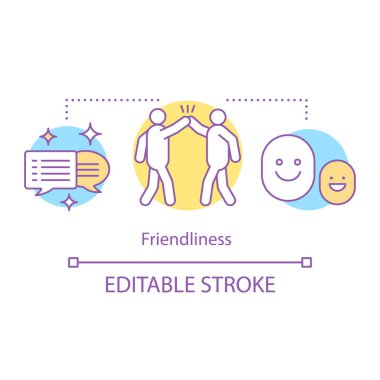 Dostluk kavramı simge. Dostluk fikir ince hat illüstrasyon. Arkadaşları, iş arkadaşları, arkadaşlar. İletişim becerileri. İzole anahat çizim vektör. Düzenlenebilir kontur