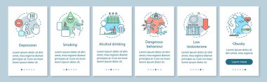 Erkekler sağlık riskleri faktörler onboarding mobil uygulaması sayfa filtresi vektör şablonu. Sigara, obezite, alkol. Doğrusal resimli anlatım Web sitesi adımlar. UX, UI, GUI smartphone arabirimi kavramı