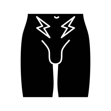 Prostat kanseri sembolü. Siluet sembolü. Erkeklerin üreme sistemi hastalığı. Erkek kısırlığı ve üreme sorunu. Kasık ağrısı. Boşluk yok. Vektör izole illüstrasyonu