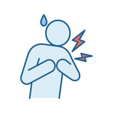 Kalp krizi renk simgesi. Miyokard infarktüsü. Kardiyovasküler hastalık. Konjestif kalp yetmezliği. Soğuk ter ve göğüs ağrısı. İzole vektör çizim