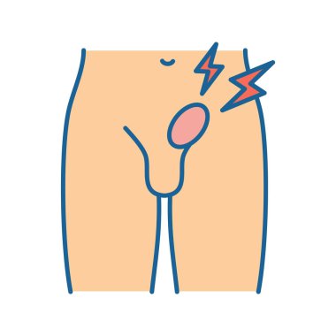 Kasık fıtığı renk simgesi. Erkek üreme sistemi hastalıkları ve sorunları. Kasık ağrısı ve şişkin. Acı testis yaralanma. İzole vektör çizim