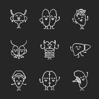 İnsan iç organlarını gülümseyen karakter simgeler kümesi tebeşir. Sağlıklı kardiyovasküler, idrar, bağışıklık, üreme, sindirim, solunum sistemi, sinir sistemi. İzole vektör kara tahta çizimler