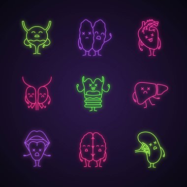 Üzgün insan iç organlarını karakter neon ışık Icons set. Parlayan işaretler. Sağlıksız idrar, bağışıklık, üreme, sindirim, solunum, gergin, lenfatik sistemler. İzole vektör çizimler