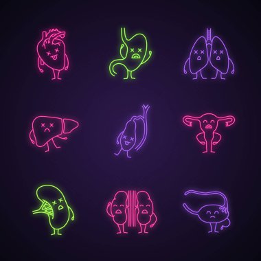 Üzgün insan iç organlarını karakter neon ışık Icons set. Parlayan işaretler. Sağlıksız kalp-damar, sindirim, solunum, üreme, lenfatik, üriner sistemleri. İzole vektör çizimler