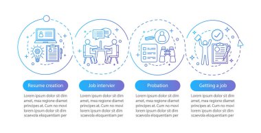 İş arama vektör Infographic şablonu. Özgeçmiş oluşturma, iş görüşmesi, denetimli serbestlik. Dört adımlar ve seçenekleri veri görselleştirme. İşlem zaman çizgisi görüntüsü. İş akışı düzeni ile kutsal kişilerin resmi