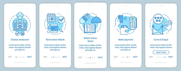 Restaurang Onboarding Mobilapp Skärmen Vektor Sidmall Pensionat Café Händelse Middag — Stock vektor