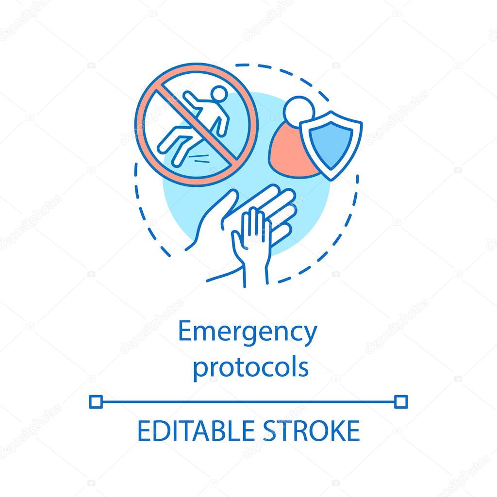 Emergency protocols concept icon. First aid, health insurance idea thin line illustration. Medical assistance, primary, initial care, public safety. Vector isolated outline drawing. Editable stroke