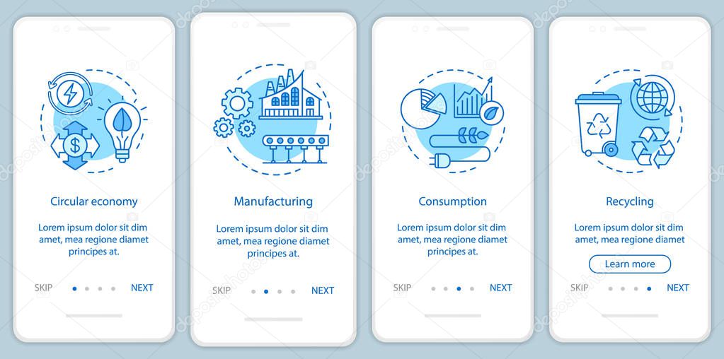Circular economy onboarding mobile app page screen vector template. Manufacturing, consumption, recycling. Walkthrough website steps with linear illustrations. UX, UI, GUI smartphone interface concept