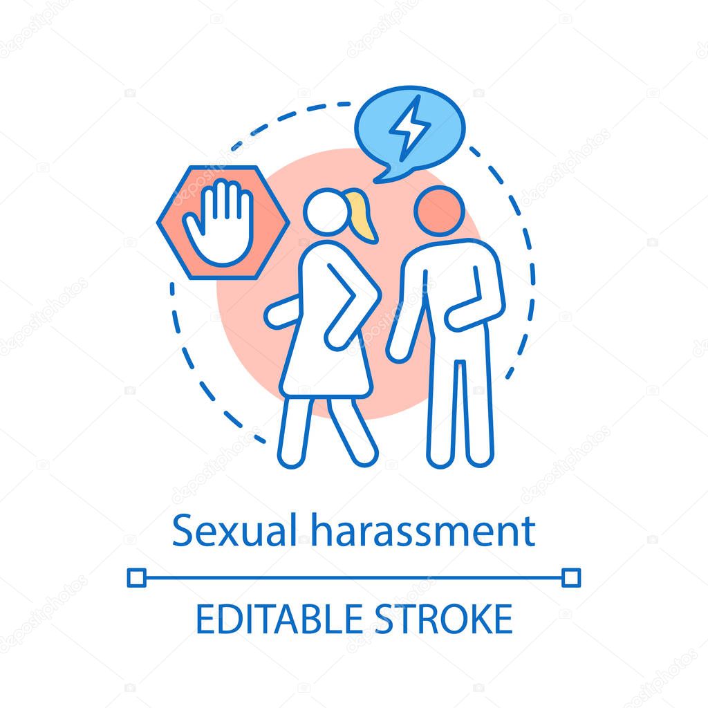 Sexual harassment concept icon. Violence against women idea thin line illustration. Bullying, coercion. Stop domestic violence. Vector isolated outline drawing. Editable stroke