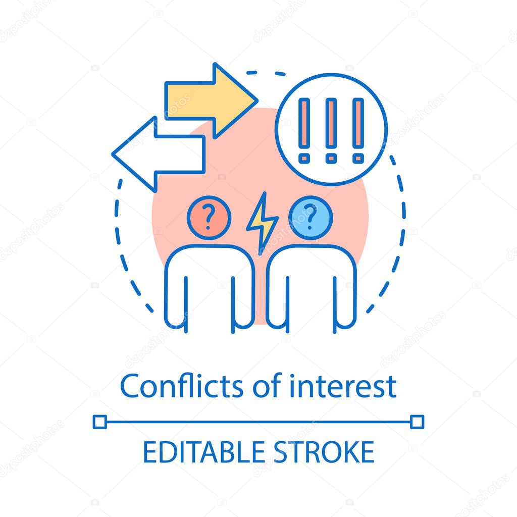 Conflicts of interest concept icon. Misunderstanding idea thin line illustration. Quarrel. Conflict management. Arguing, abuse. Vector isolated outline drawing. Editable stroke
