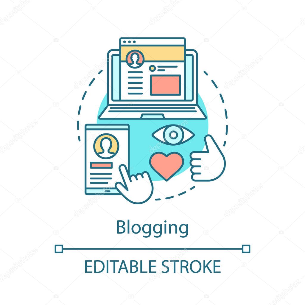 Blogging concept icon. Social media idea thin line illustration. SMM. Social network. Online communication app. Responsive design. Vector isolated outline drawing. Editable stroke