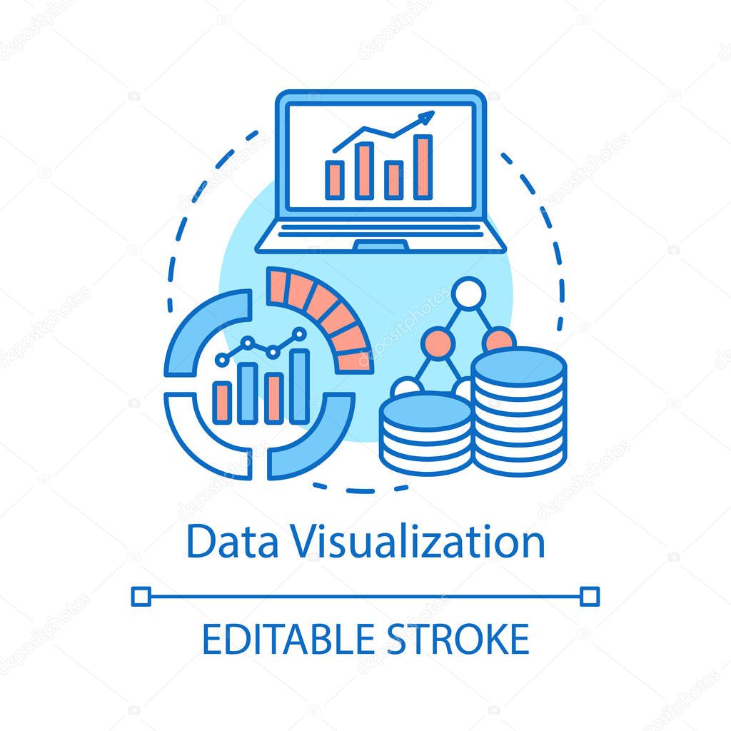 Data visualization concept icon. Web metrics and analytics idea thin line illustration. Big data. Statistics. Charts, graphs, diagrams. Business marketing. Vector isolated outline drawing. Editable stroke