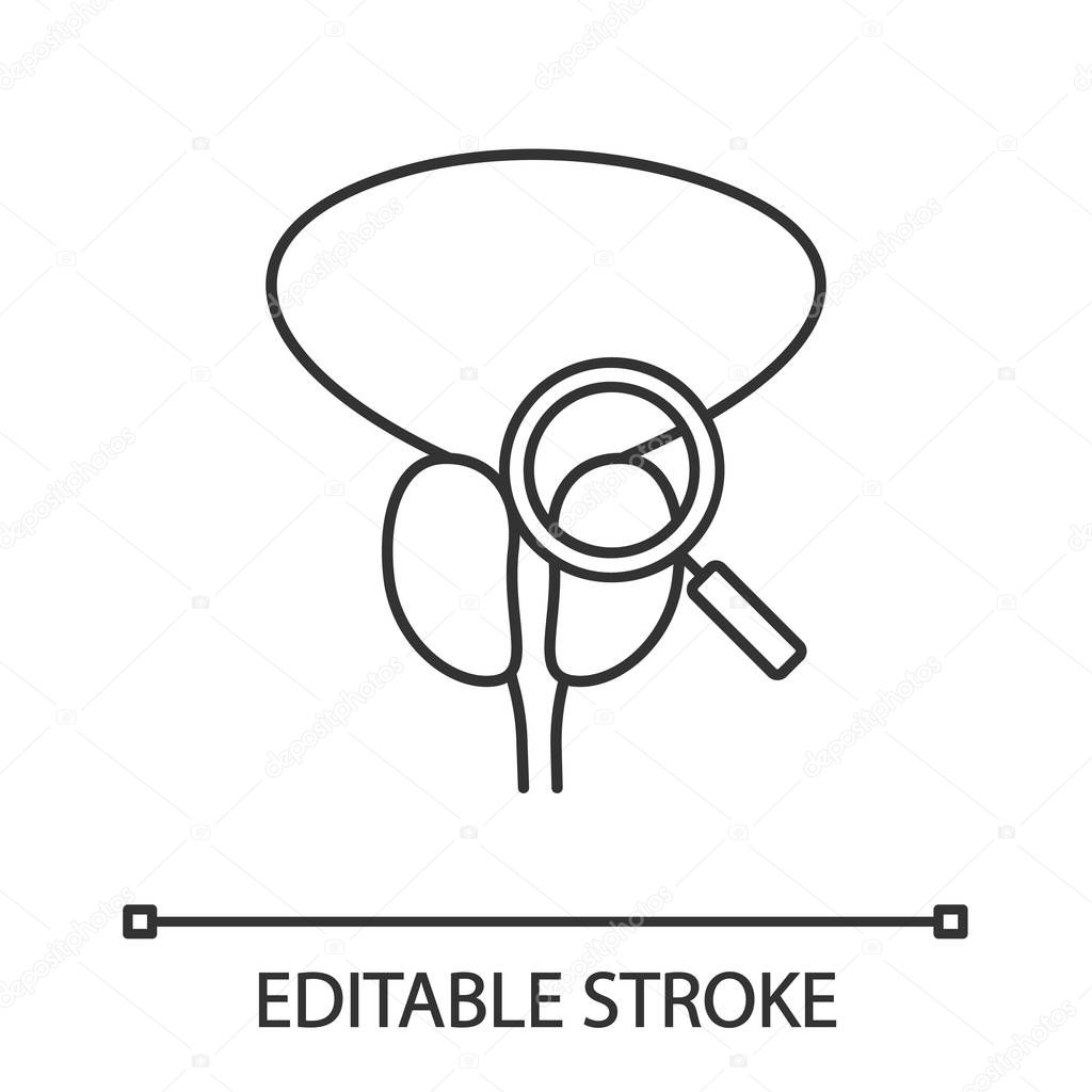 Prostate exam, check linear icon. Thin line illustration. Digital rectal examination. Prostate cancer diagnosis and tests. Contour symbol. Vector isolated outline drawing. Editable stroke